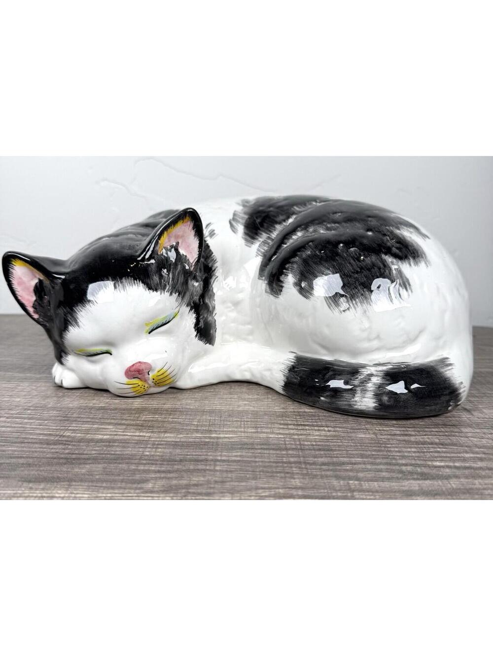 Vintage Italian Hand Painted Black & White Ceramic Sleeping Cat Figurine 10.5”